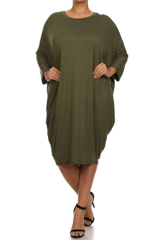 Solid 3/4 sleeve short midi dress - Pikemla