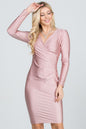 long sleeve shiny tricot overlap midi dress