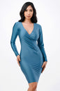 long sleeve shiny tricot overlap midi dress