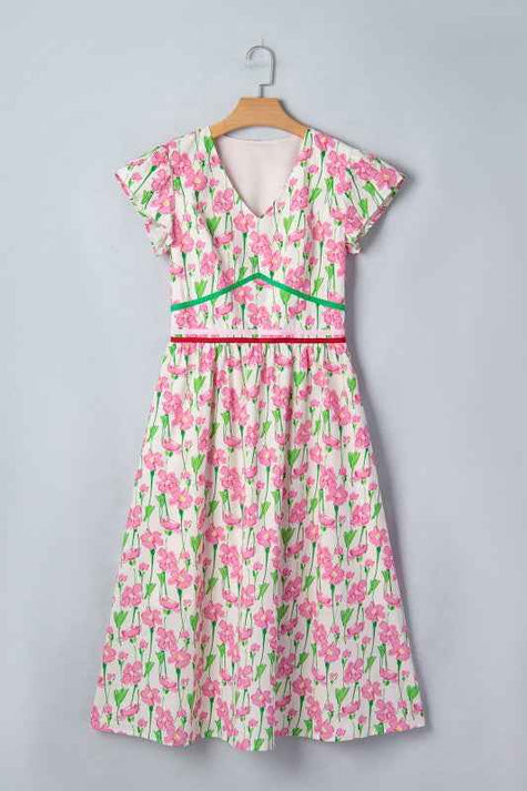 Floral V-Neck Short Sleeve Midi Dress