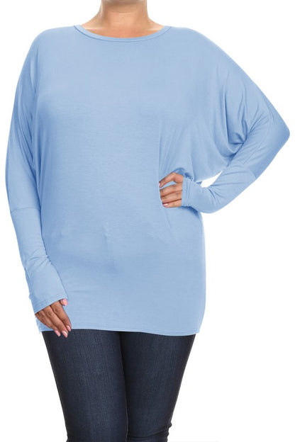 Blue Long Sleeved Dolman Top -Plus Sized - Pikemla