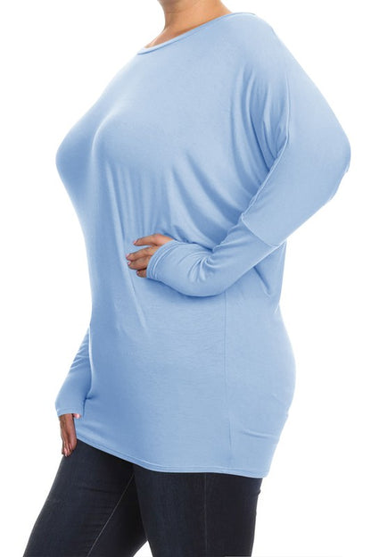 Blue Long Sleeved Dolman Top -Plus Sized - Pikemla