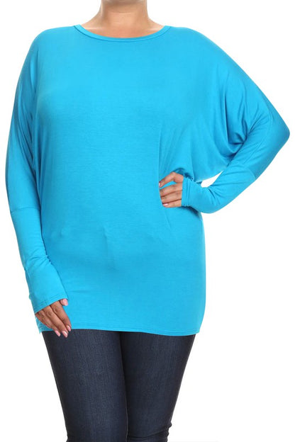 Blue Long Sleeved Dolman Top -Plus Sized - Pikemla