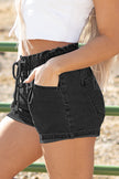 High-rise Drawstring High Waist Casual Denim Shorts with Pockets - Pikemla