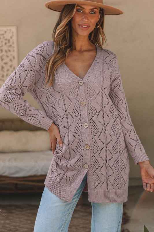 Solid Openwork Knit Button-Up Cardigan