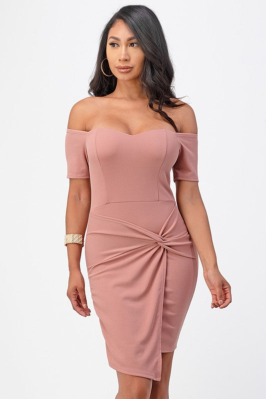 Off Shoulder Front Twist Bodycon Dress - Pikemla
