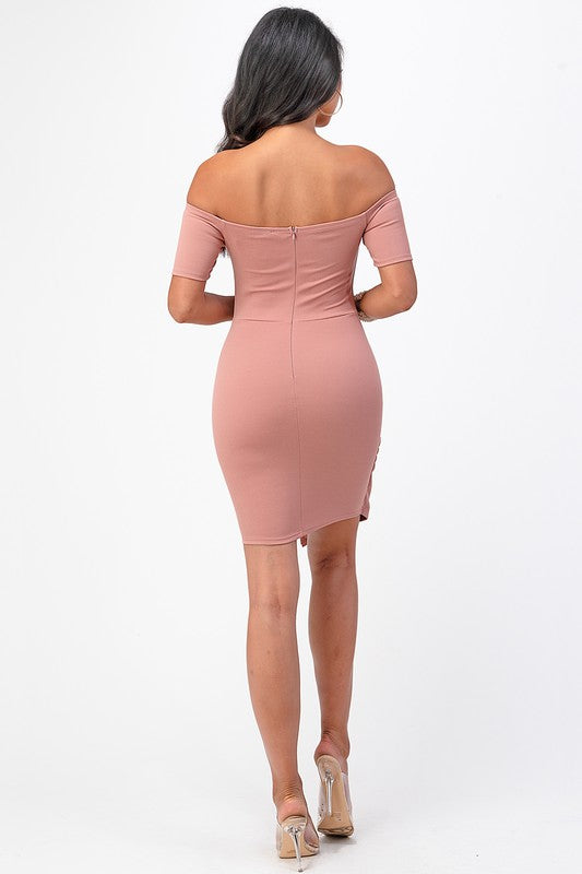 Off Shoulder Front Twist Bodycon Dress - Pikemla