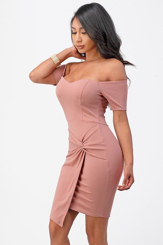 Off Shoulder Front Twist Bodycon Dress - Pikemla