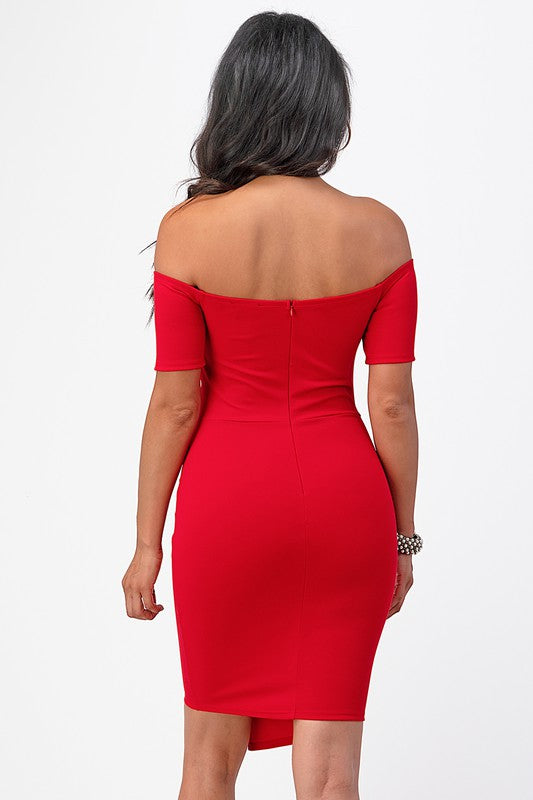 Off Shoulder Front Twist Bodycon Dress - Pikemla