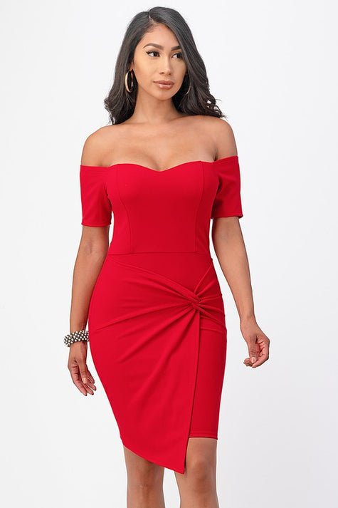 Off Shoulder Front Twist Bodycon Dress - Pikemla
