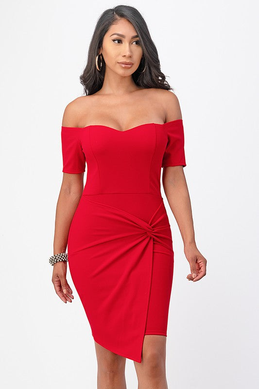 Off Shoulder Front Twist Bodycon Dress - Pikemla