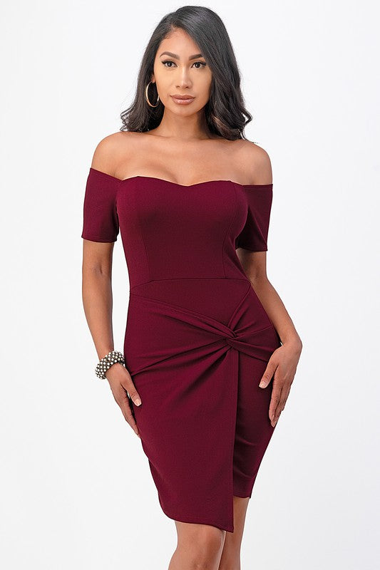 Off Shoulder Front Twist Bodycon Dress - Pikemla
