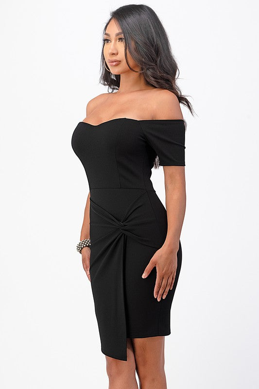 Off Shoulder Front Twist Bodycon Dress - Pikemla