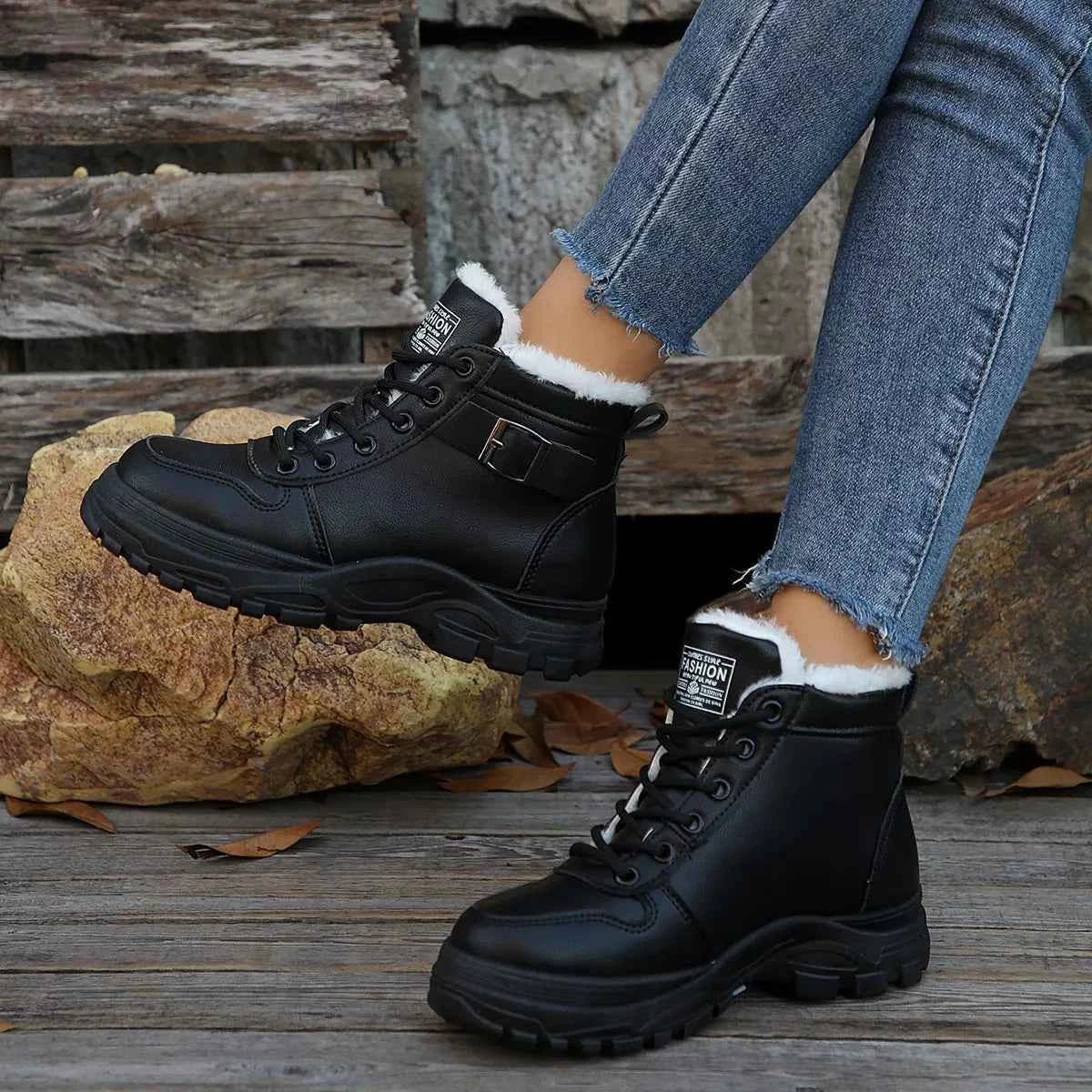 Lace-Up Ankle Boots with Buckle Detail