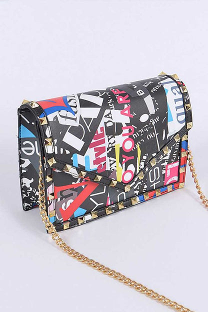 Studded Patent Crossbody Graffiti Bag - Pikemla