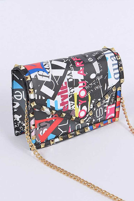 Studded Patent Crossbody Graffiti Bag - Pikemla