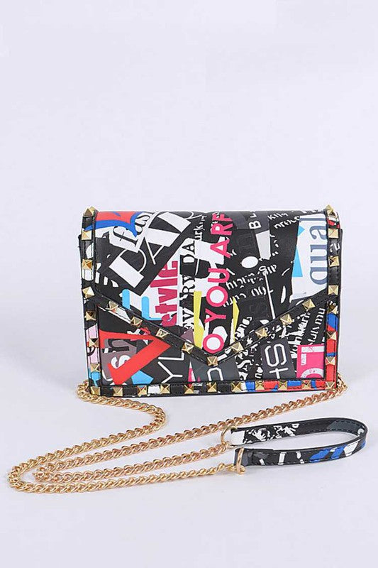 Studded Patent Crossbody Graffiti Bag - Pikemla