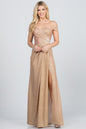 Off the shoulder glittery jacquard gathered gown