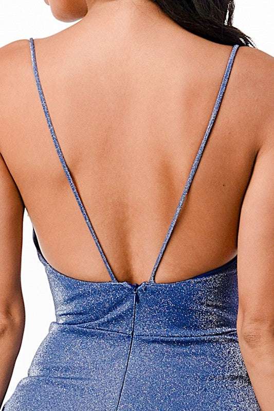 Sparkling knit jacquard side gather spaghetti gown - Pikemla