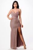 Sparkling knit jacquard side gather spaghetti gown