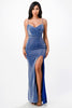 Sparkling knit jacquard side gather spaghetti gown