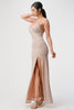 Sparkling knit jacquard side gather spaghetti gown