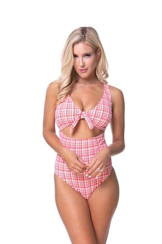 TEEXTURED PLAID CUTOUT ONE PIECE SWIMSUIT - Pikemla