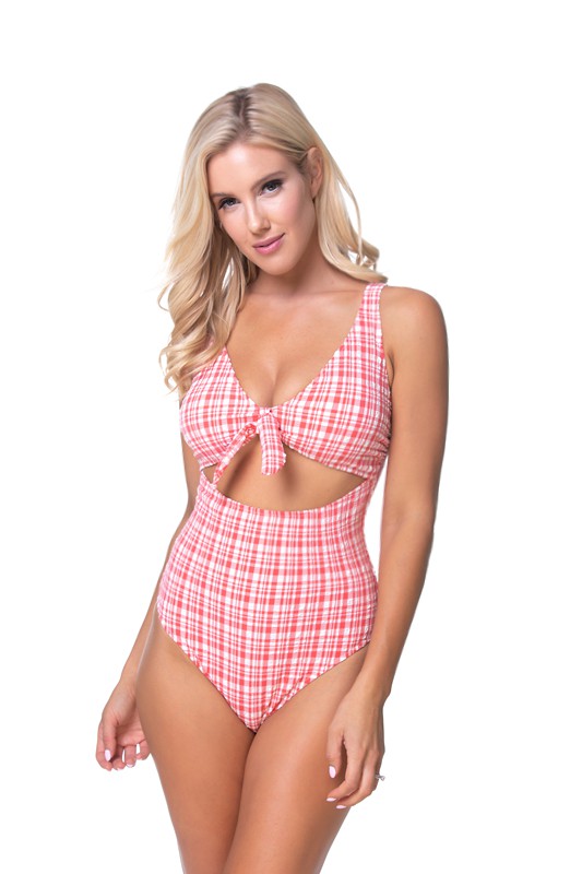 TEEXTURED PLAID CUTOUT ONE PIECE SWIMSUIT - Pikemla