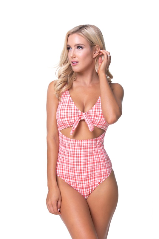 TEEXTURED PLAID CUTOUT ONE PIECE SWIMSUIT - Pikemla