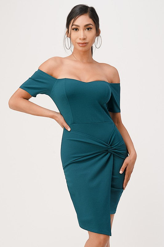 Off Shoulder Front Twist Bodycon Dress - Pikemla