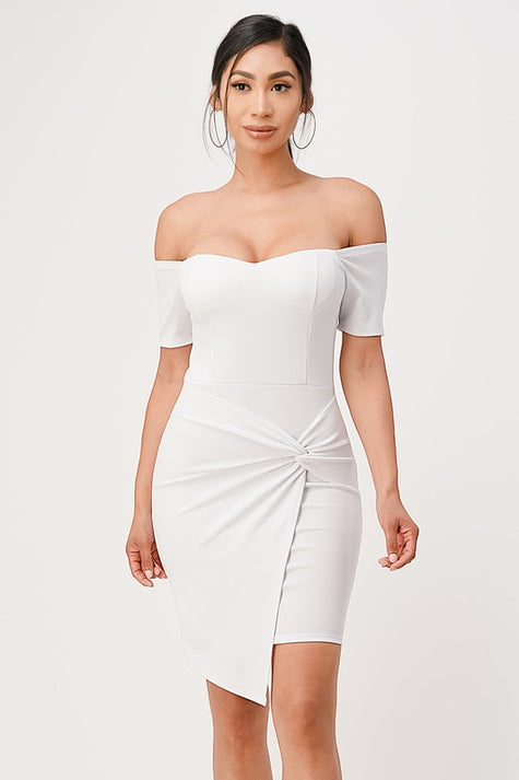 Off Shoulder Front Twist Bodycon Dress - Pikemla