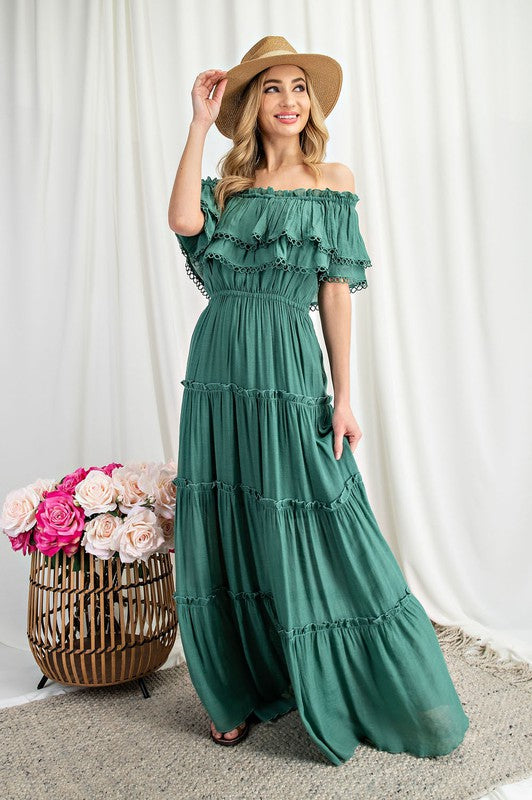 Off the Shoulder Ruffle Maxi Dress - Pikemla