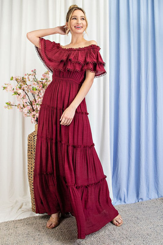 Off the Shoulder Ruffle Maxi Dress - Pikemla