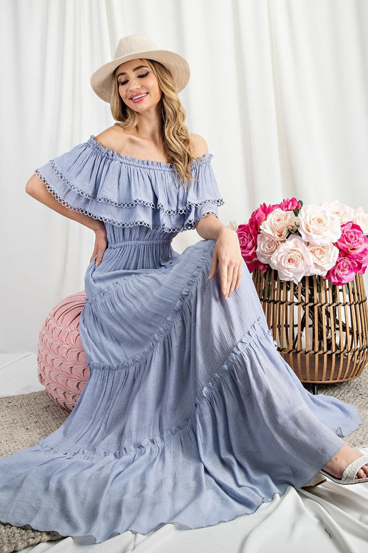 Off the Shoulder Ruffle Maxi Dress - Pikemla