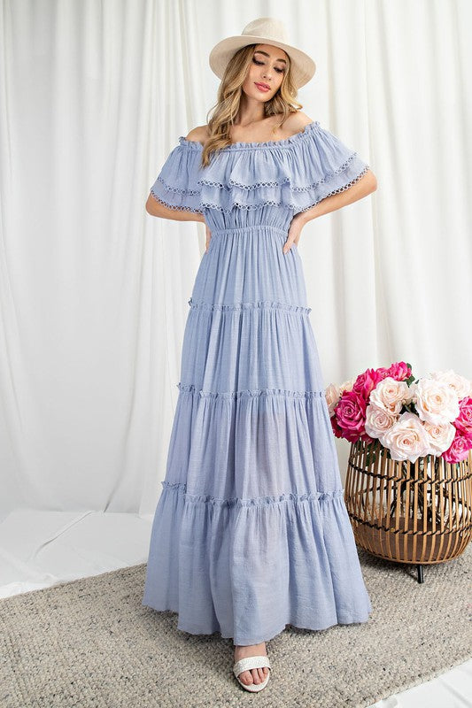 Off the Shoulder Ruffle Maxi Dress - Pikemla