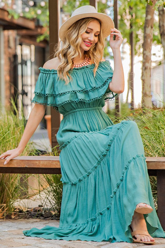 Off the Shoulder Ruffle Maxi Dress - Pikemla