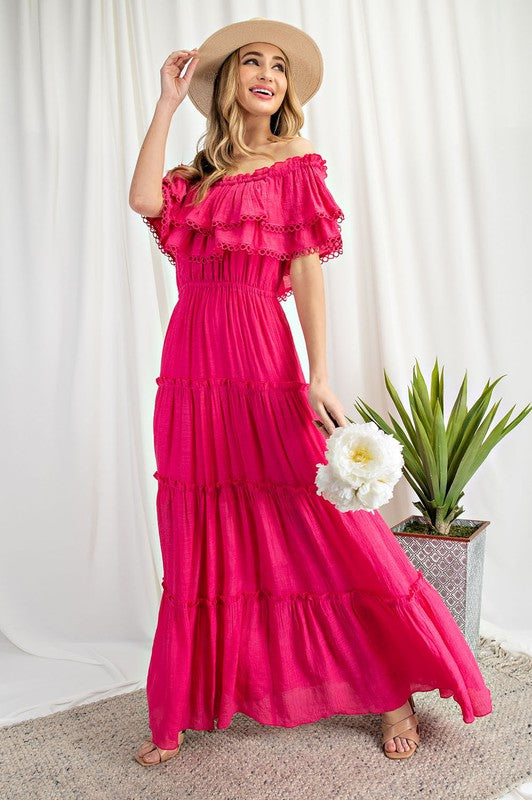 Off the Shoulder Ruffle Maxi Dress - Pikemla