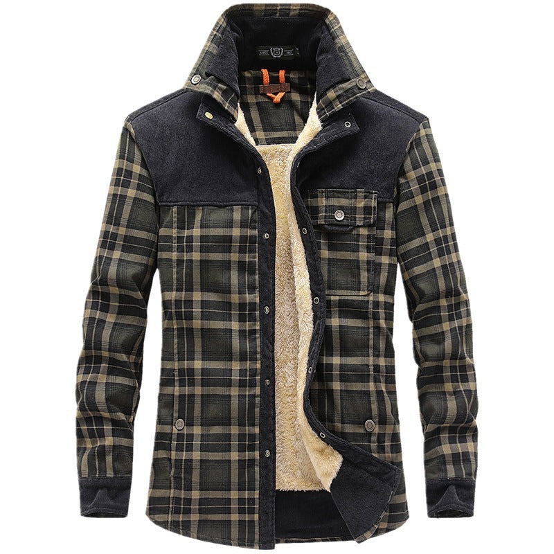 Men's Fleece-lined Thickened Long-sleeved Plaid Shirt Warm Business Casual Fashion Cotton Shirt Coat Men's Cross-border