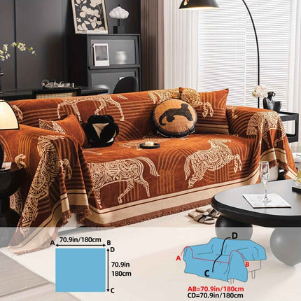 Luxurious Chenille Horse Design Sofa Cover Decor in Orange & Green