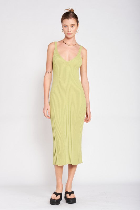 V NECK RIBBED MIDI DRESS WITH OPEN BACK - Pikemla