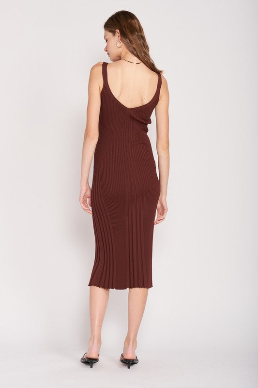 V NECK RIBBED MIDI DRESS WITH OPEN BACK - Pikemla