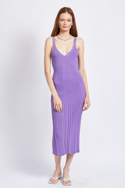 V NECK RIBBED MIDI DRESS WITH OPEN BACK - Pikemla