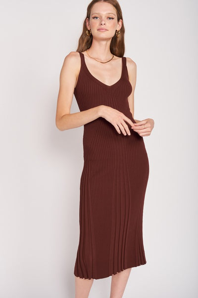 V NECK RIBBED MIDI DRESS WITH OPEN BACK - Pikemla