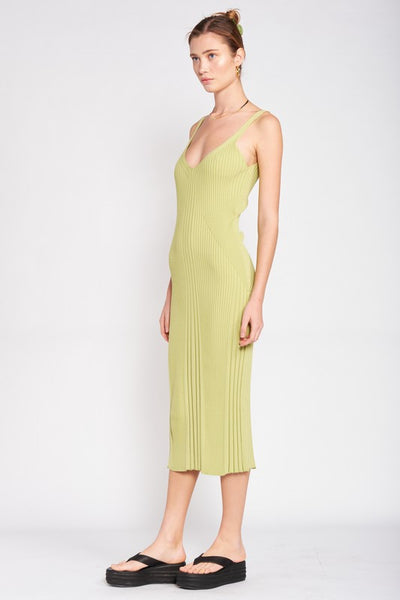 V NECK RIBBED MIDI DRESS WITH OPEN BACK - Pikemla