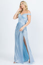 Off the shoulder glittery jacquard gathered gown