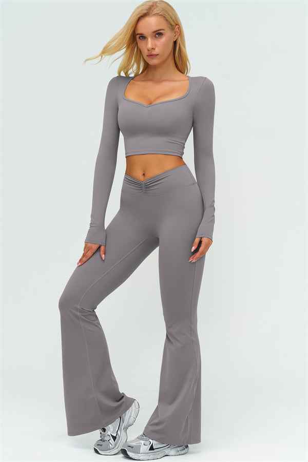 The Lushness Long Sleeve Crop Top Flared Leggings 2-Piece Set