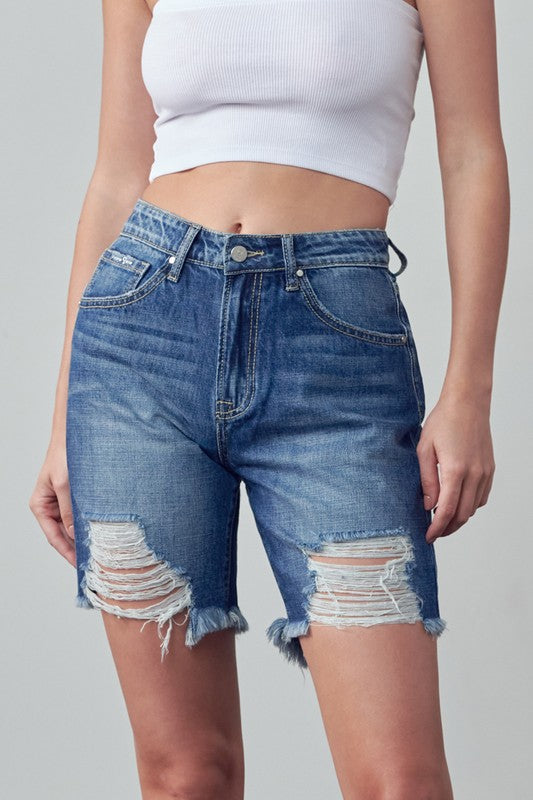 High Rise Ripped Bermuda Denim Shorts - Pikemla