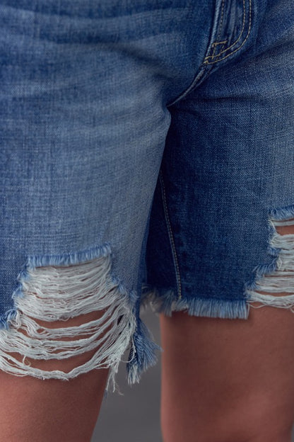 High Rise Ripped Bermuda Denim Shorts - Pikemla