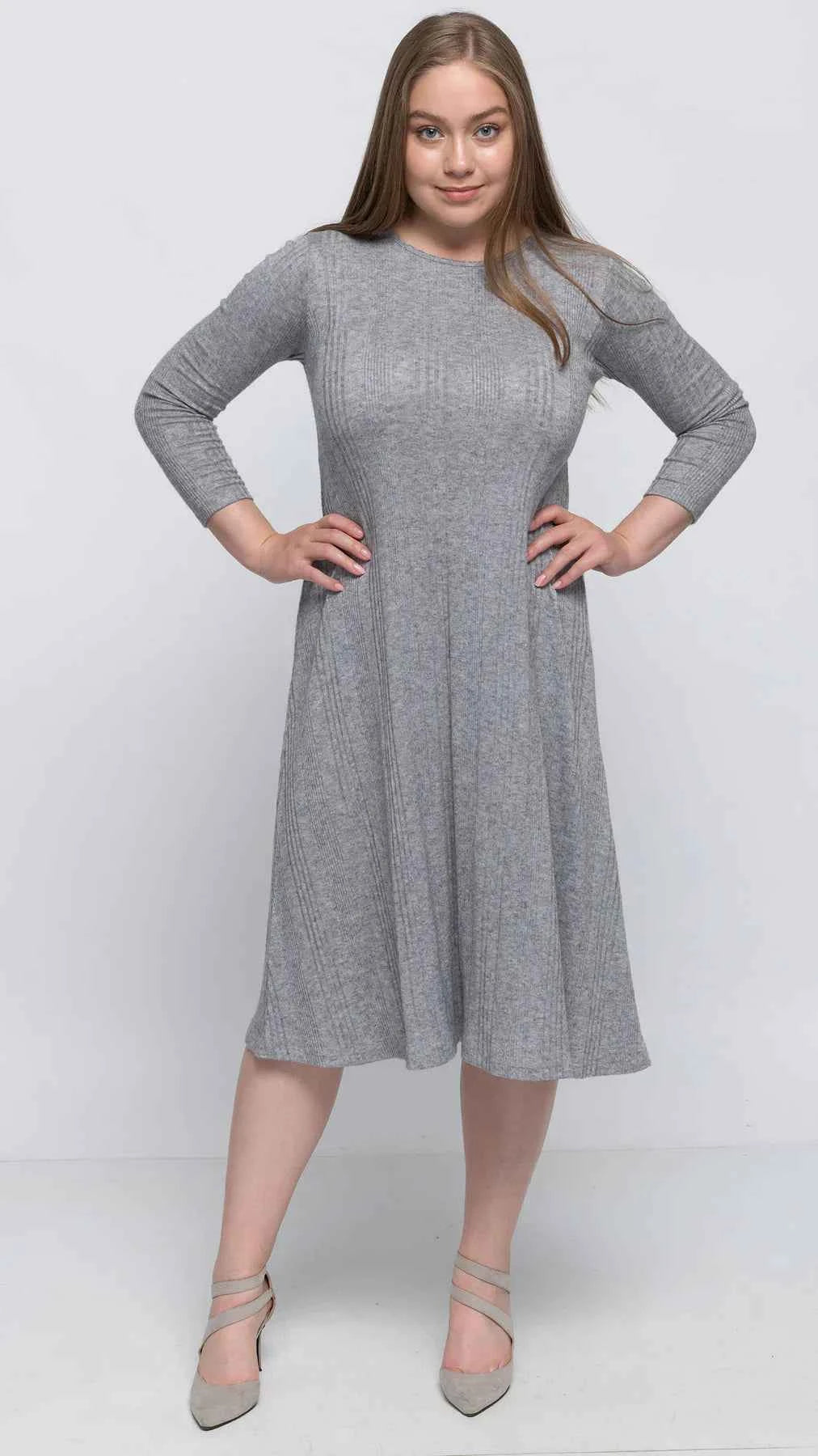 Grey Sweater Knit Rib A-Line Dress