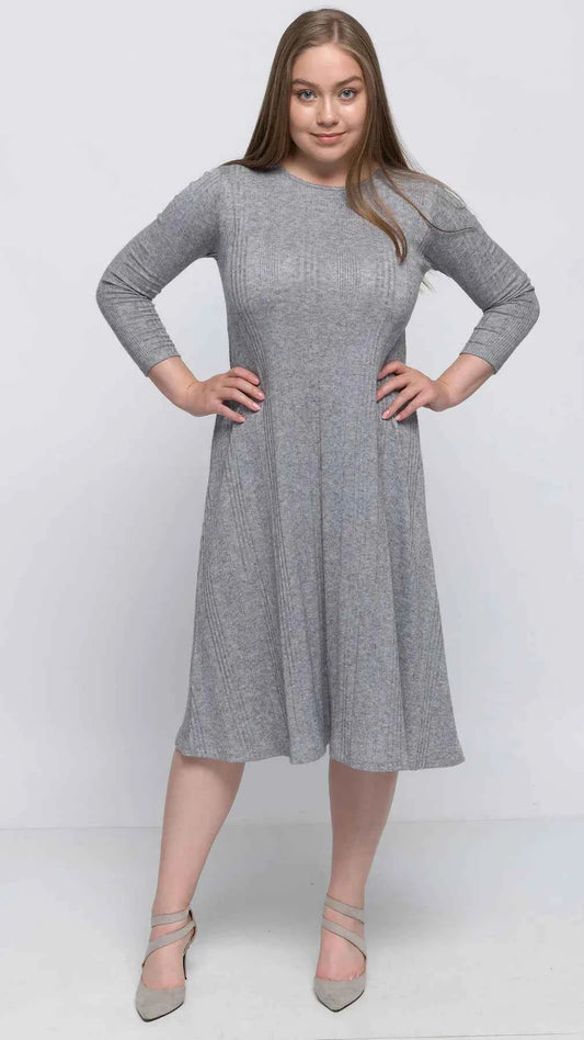 Grey Sweater Knit Rib A-Line Dress
